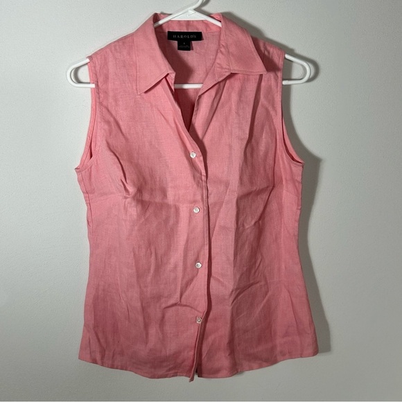 Harold's Tops - Harold's Pink Linen Button-Down Fitted Sleeveless Collared Top Size 4